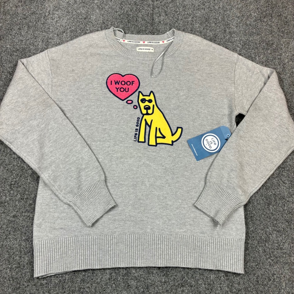 Life is Good I Woof You Gray Dog Graphic Crewneck Sweater Womens Size Medium NEW